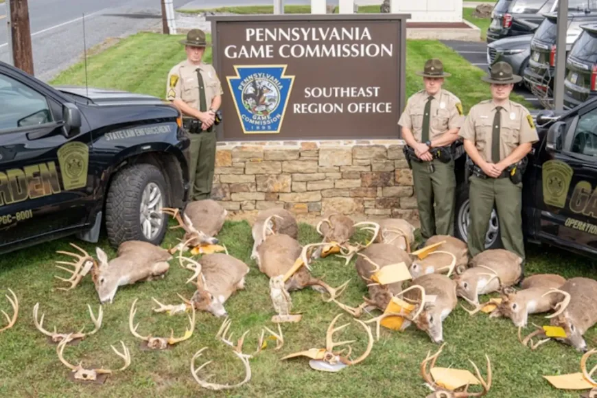 Game wardens pose with taxidermy seized during a poaching investigation.