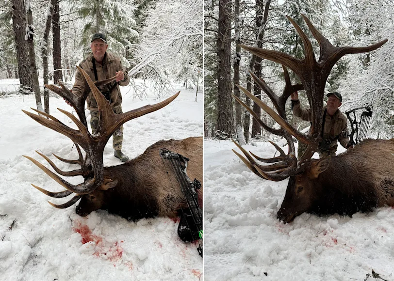 Casey Brooks poses with a potential record-breaking bull elk.