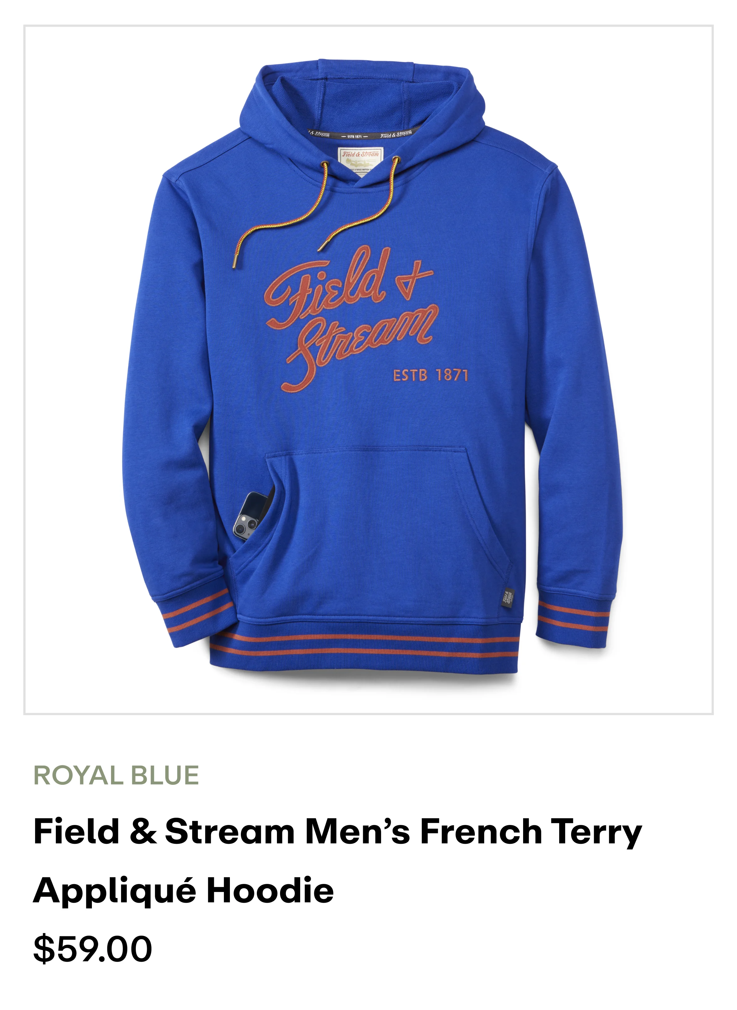Field & Stream Men's French Terry Applique Hoodie - Royal Blue