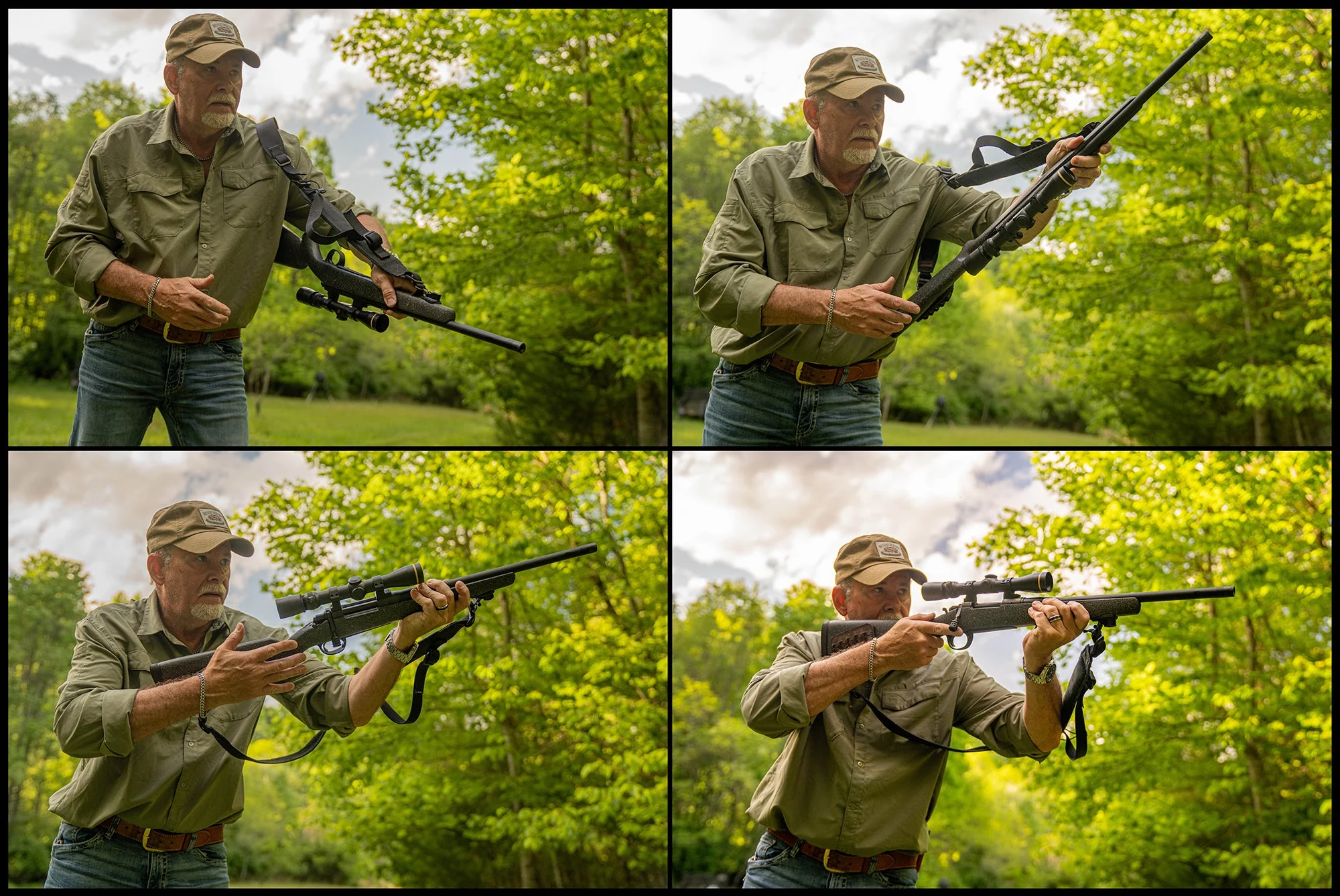 Collage of a shooter bring a rifle from the slung position to mounted and ready to shoot. 