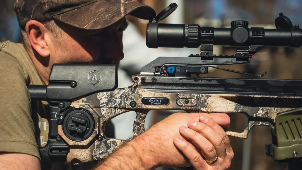 photo of F&S hunting editor shooting a crossbow to test for the best