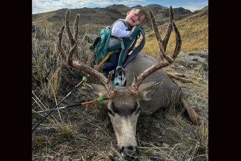 A toddler poses with her Dad's bow-killed mule deer buck. 