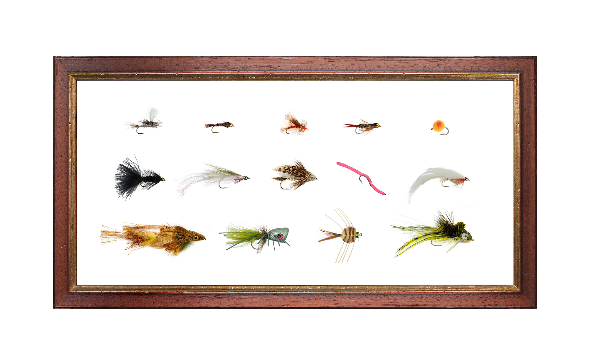 A collection of fly patterns in a wooden frame with a white background