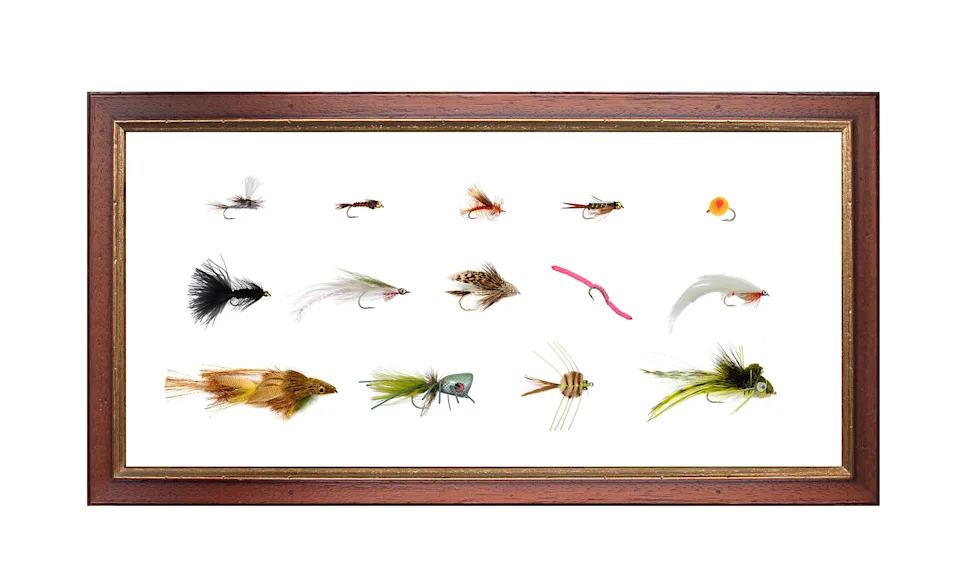 A collection of fly patterns in a wooden frame with a white background