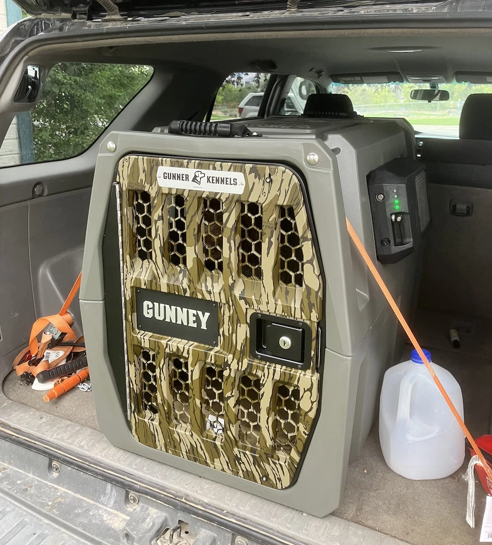 Gunner G1 kennel strapped down in SUV trunk