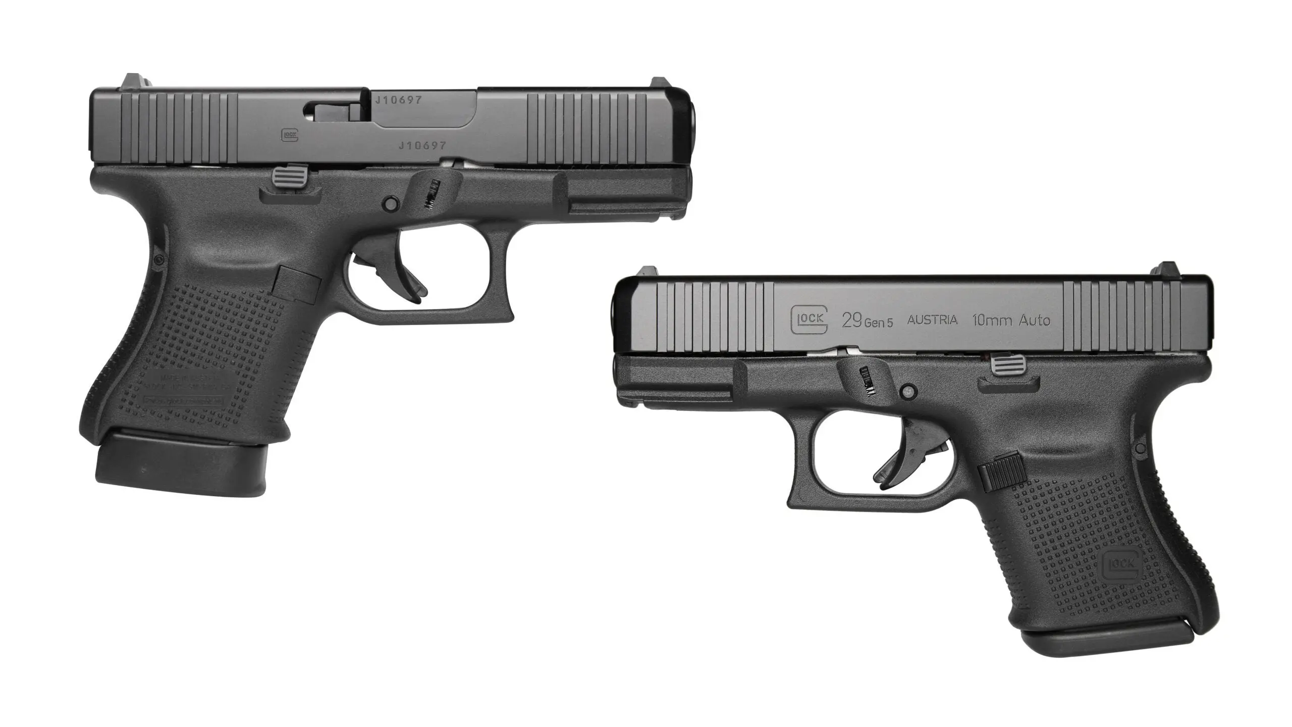 Glock G29 &amp; G30 pistols on a white background