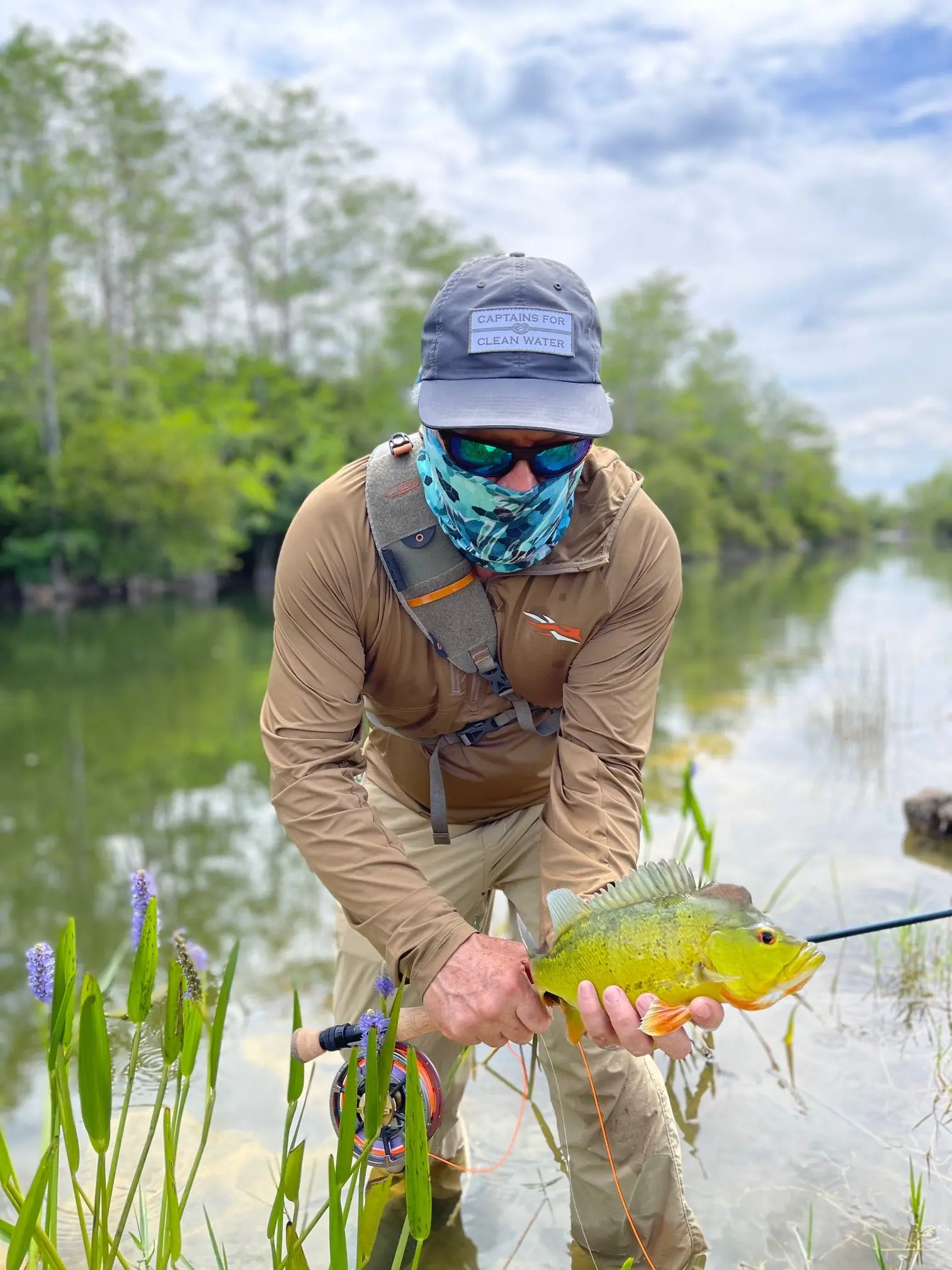 fly angler with peacock bass