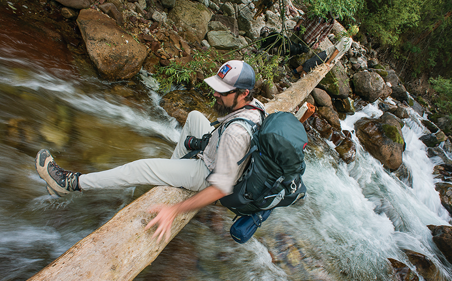 Crossing a backcountry bridge.