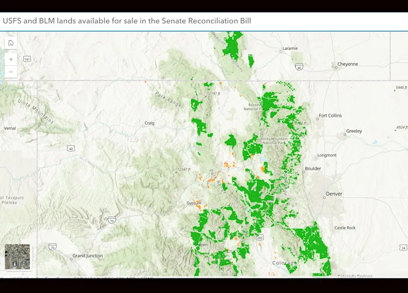 A map of federal lands in Colorado proposed for sale in the Senate's version of the federal budget bill.