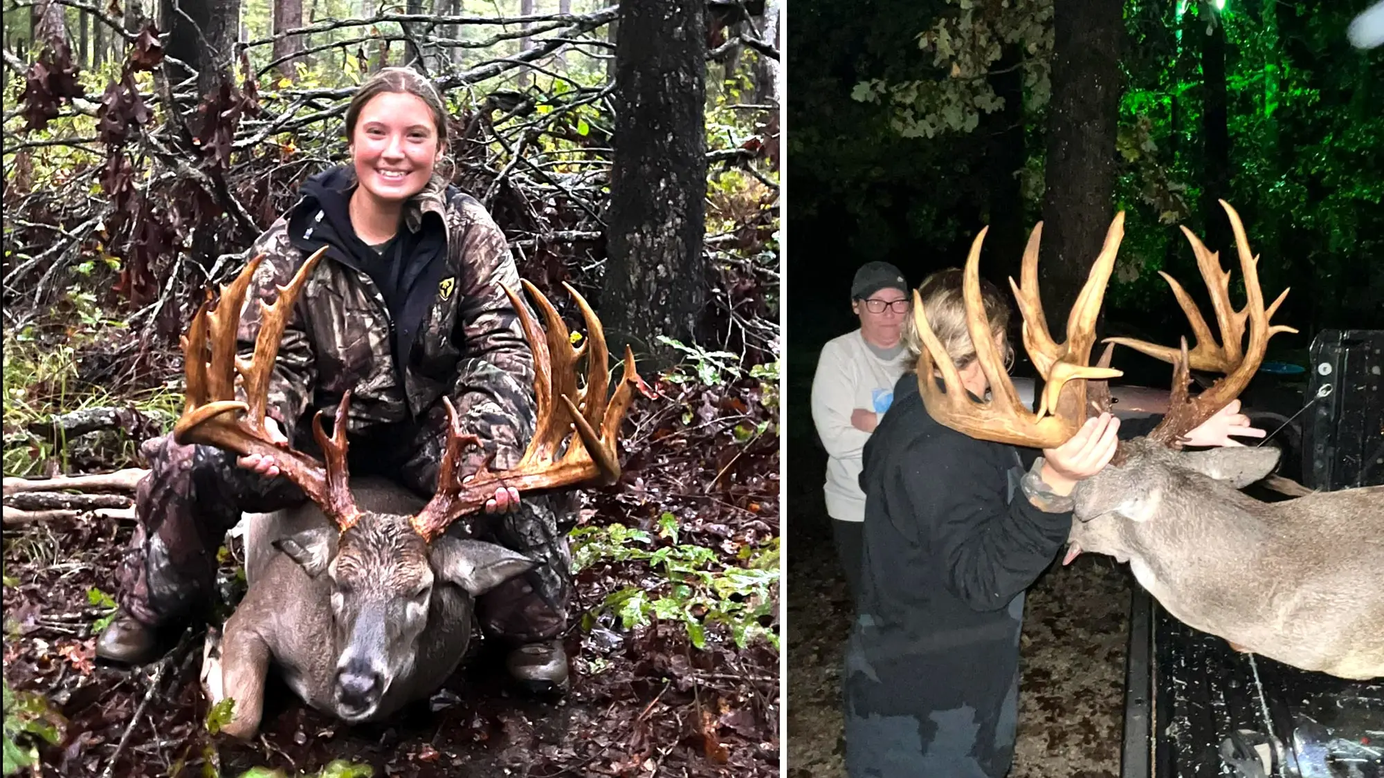 Young woman sitting on the ground showing of huge Texas whitetail buck. Same woman loading the deer into a truck.