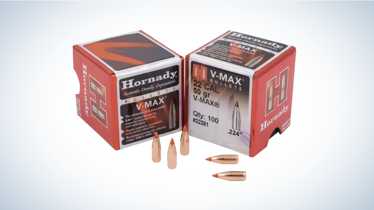 Hornady V-Max Rifle Bullets on gray and white background