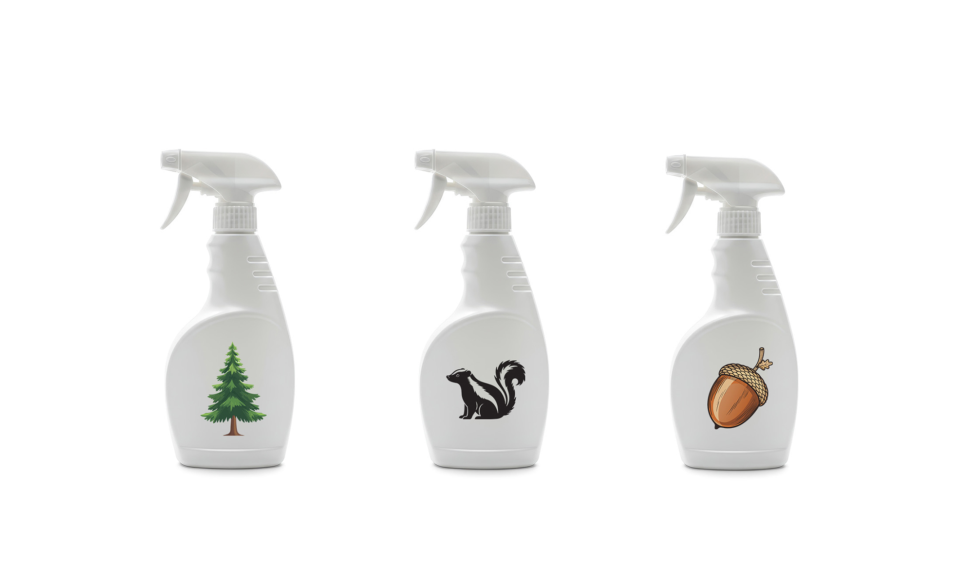 Three cover-scent spray bottles of pine, skunk, and acorn scents. 