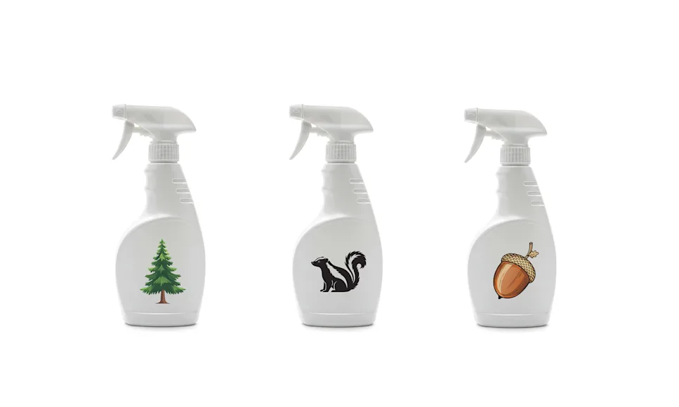 Three cover-scent spray bottles of pine, skunk, and acorn scents.