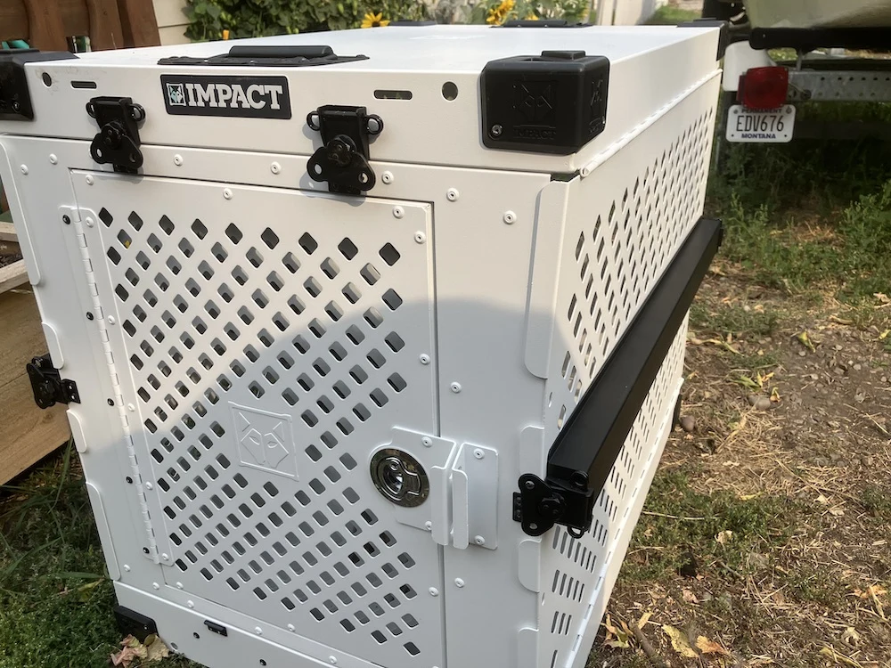 Impact collapsible aluminum dog crate during testing