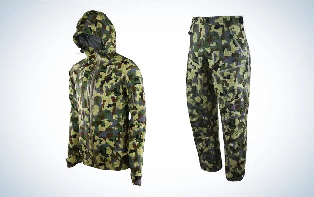 The Forloh AllClima rain jacket pants in a Deep Cover camo pattern on a black and white gradient background.