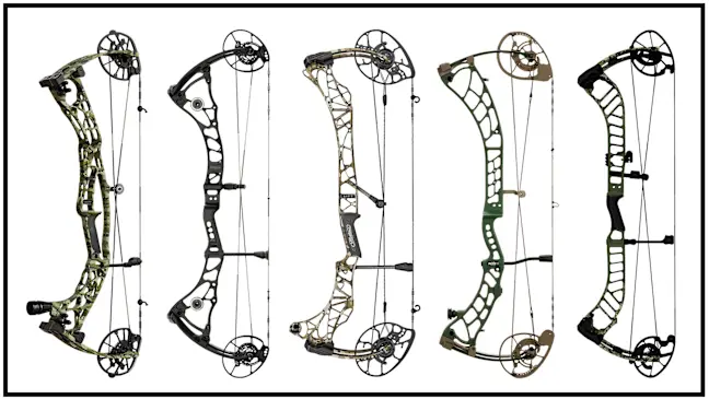 A selection of new compound bows for 2024 on a white background