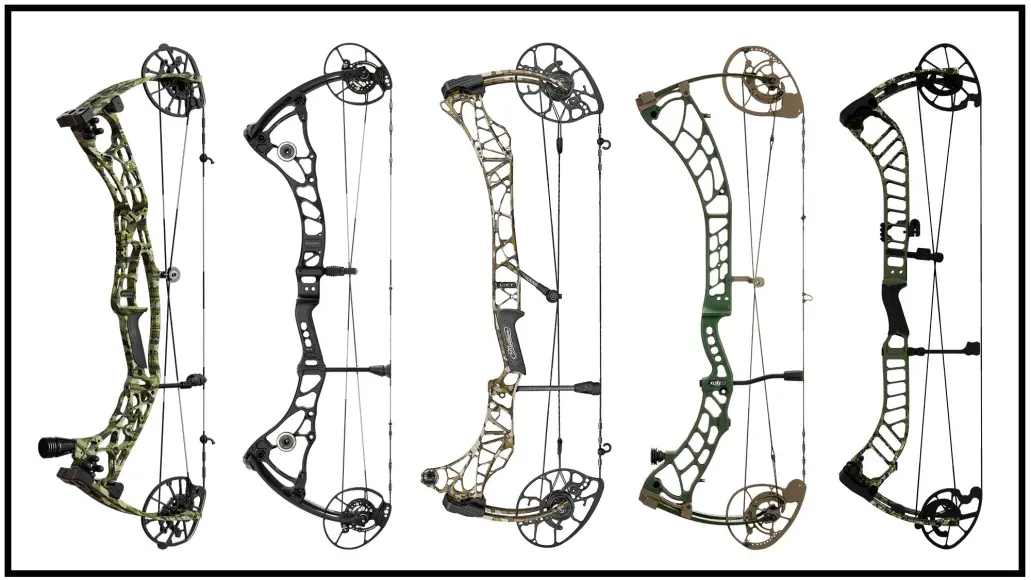 A selection of new compound bows for 2024 on a white background