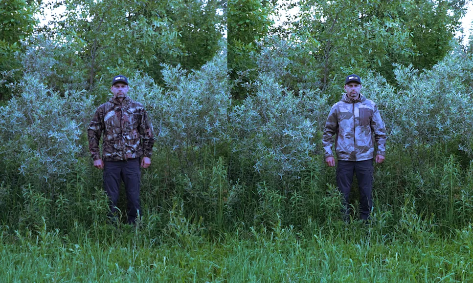 Split photo of a hunter wearing two different types of camo in the same green, leafy setting.