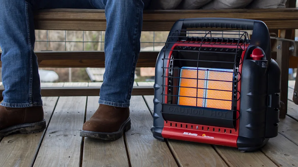 Mr. Heater Buddy Propane Heater sitting on deck