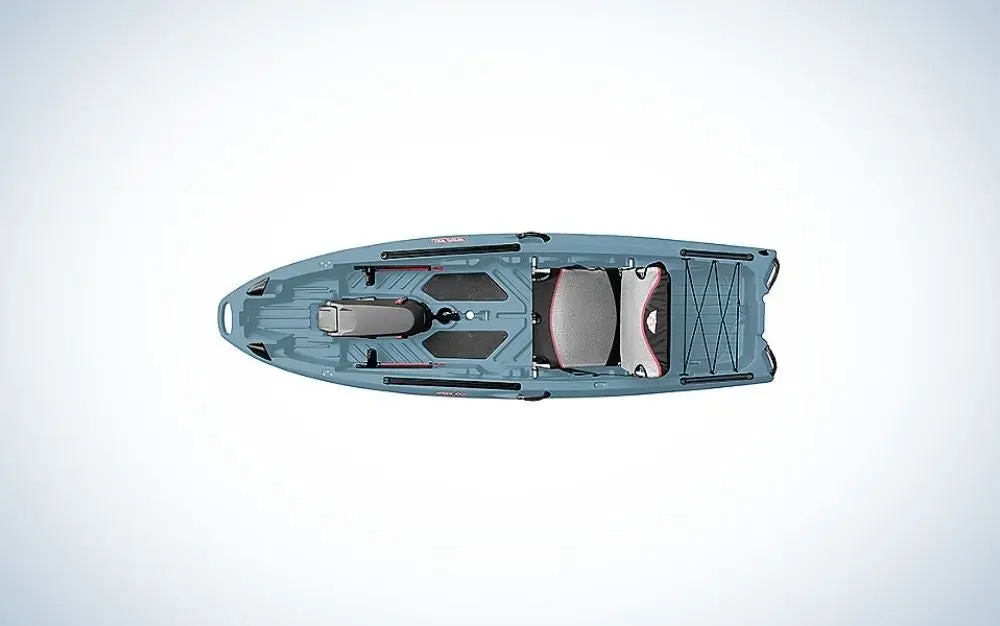 A kayak in light blue color in the body and black on the place where you can sit captured from the front.