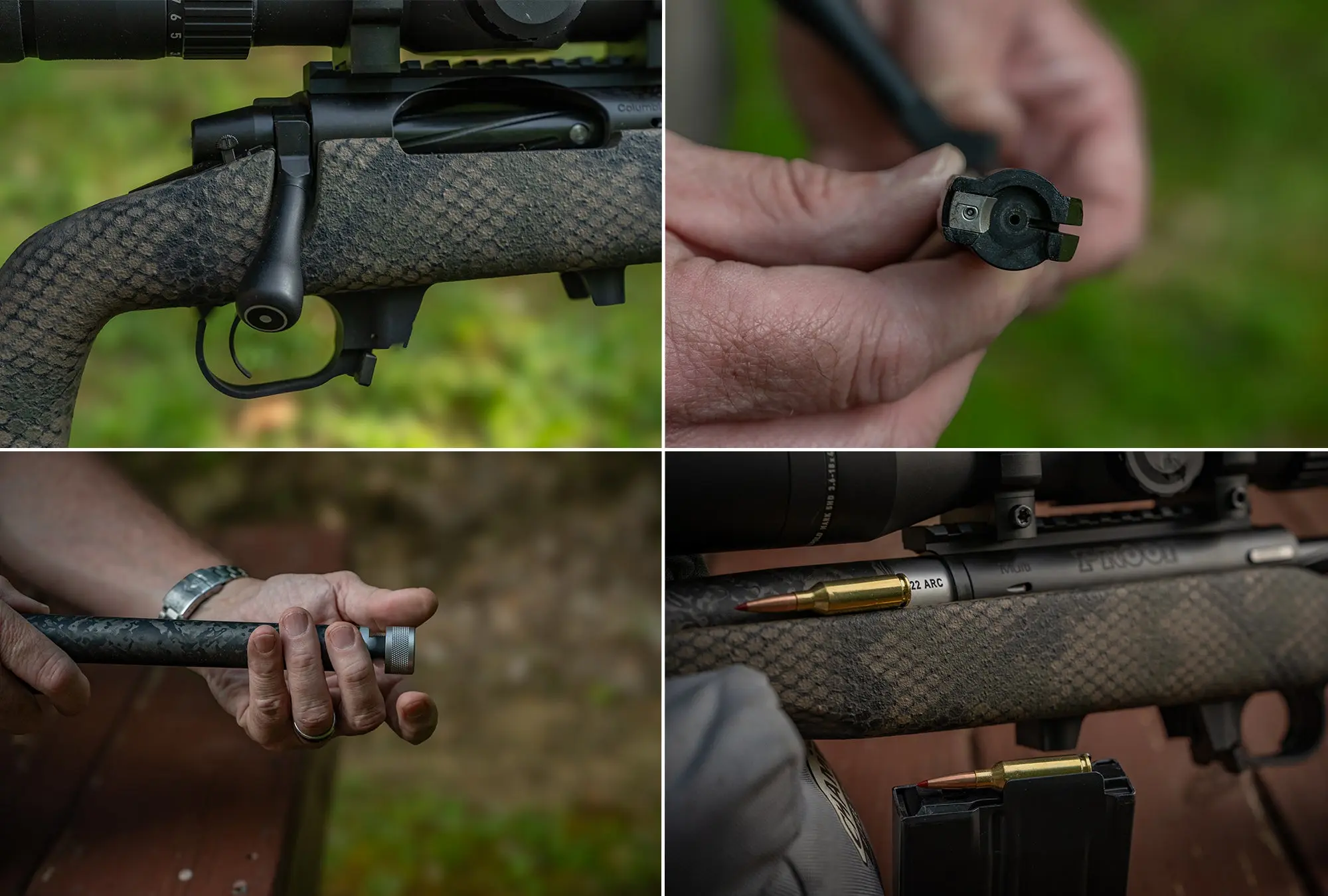 Closeup photos of the new Proof Research Elevation 2.0 rifle's action, bolt face, muzzle, and magazine.