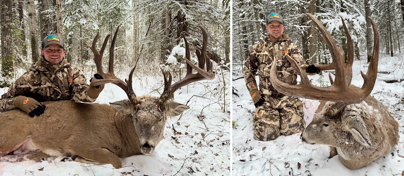 A hunter poses with a trophy whitetail buck taken in Alberta.