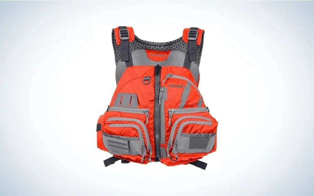 Red and black kayak life vest.