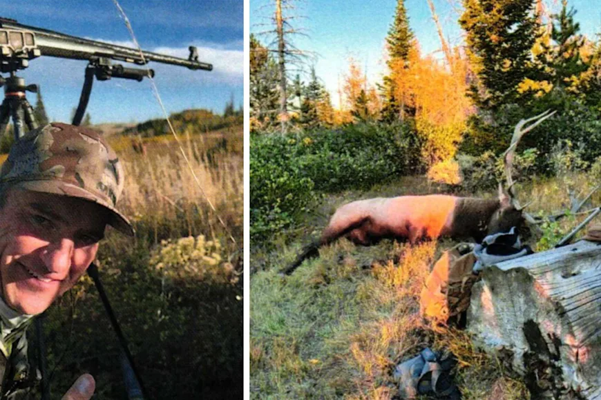 A poacher with a trophy bull elk.