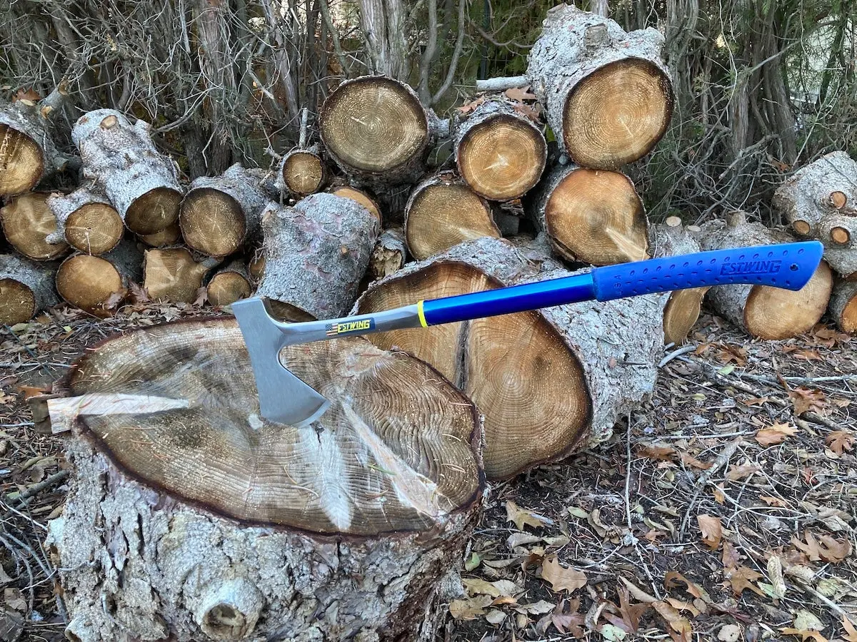 Estwing Long Handle Camper's Axe chopping wood at campsite