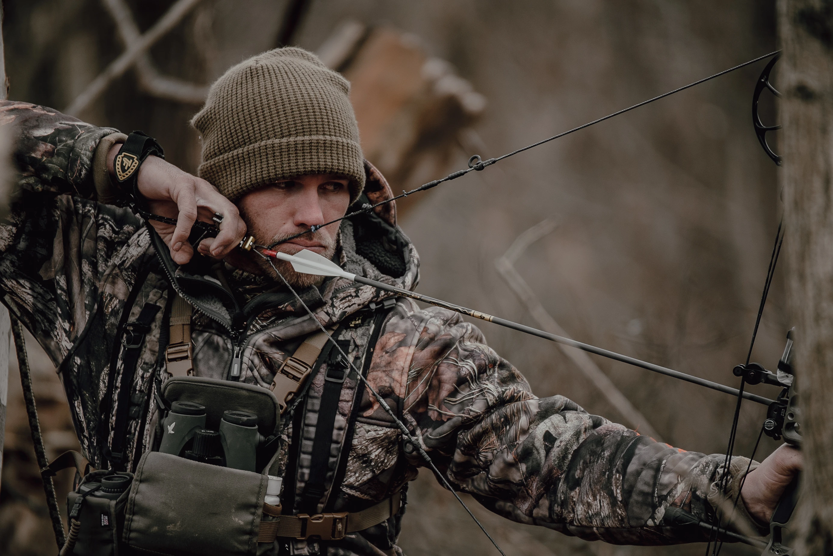 Pro 3D archer Levi Morgan comes to full draw in the deer woods. 