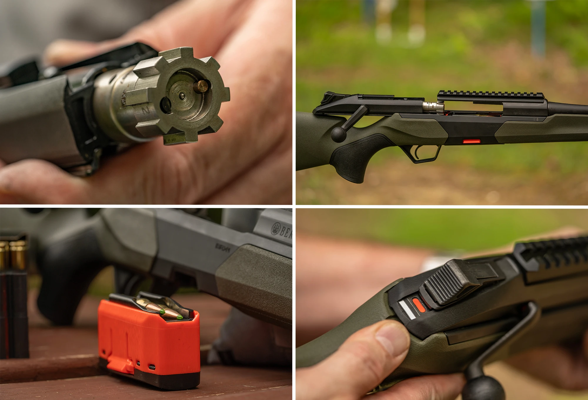 Grid of closeup photos of Baretta BRX1 bolt, action, magazine, and safely. 