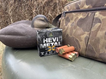 A box of shotgun shells next to a blind bag and a duck decoy.