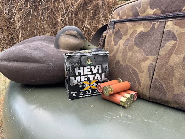 A box of shotgun shells next to a blind bag and a duck decoy.