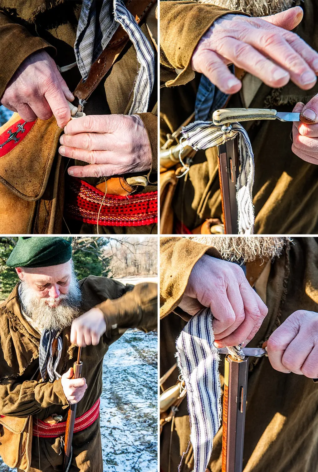 Man loading a flintlock muzzleloader in four steps: measuring charge, loading ball, cutting patch, and seating ball