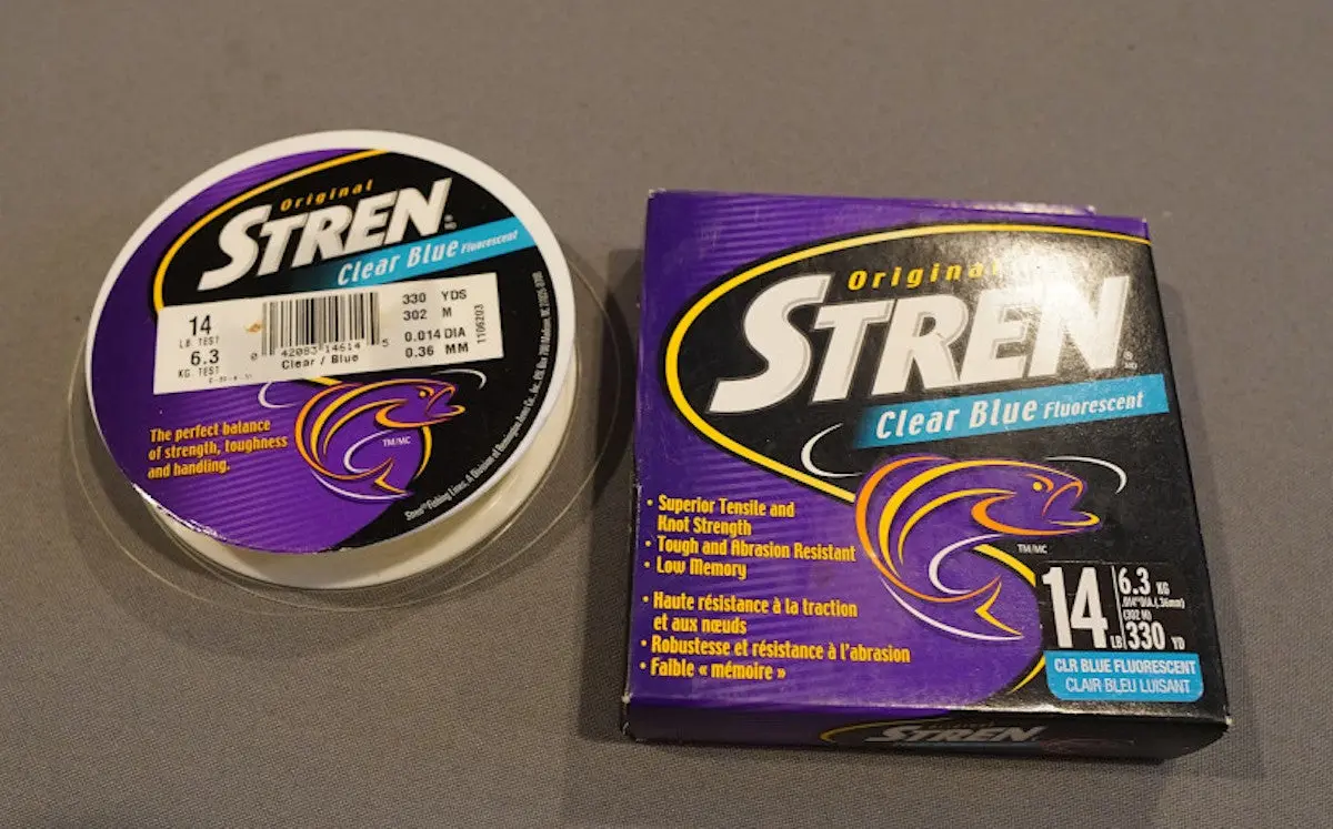 Stren Original Monofilament fishing line spool sitting on table