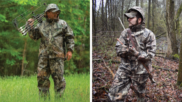 Hunters wearing Frogg Toggs camo hunting rain suit in the woods