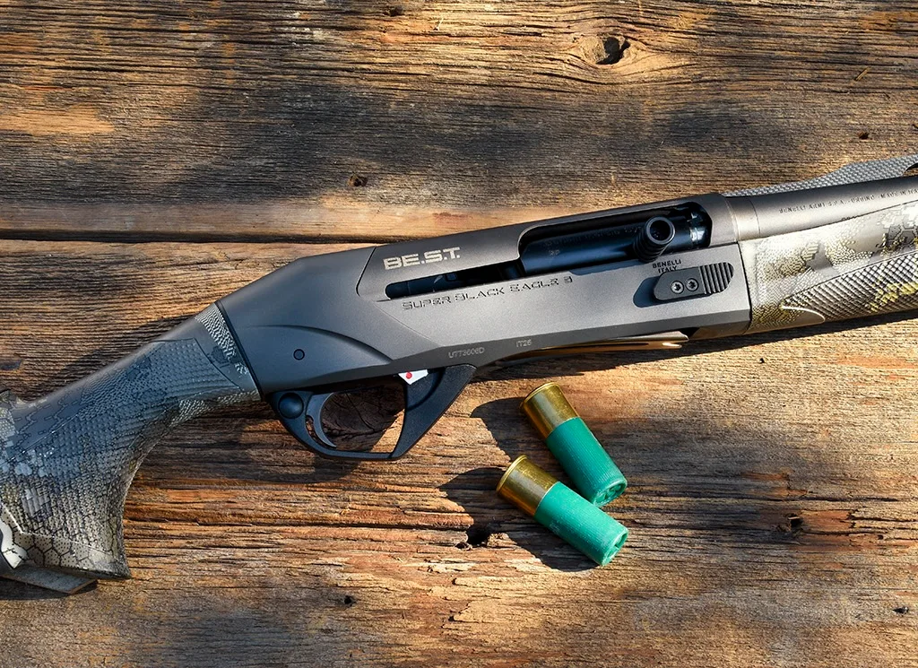 Closeup photo of Benelli SBE 3 A.I. BES.T. shogun on barn boards.