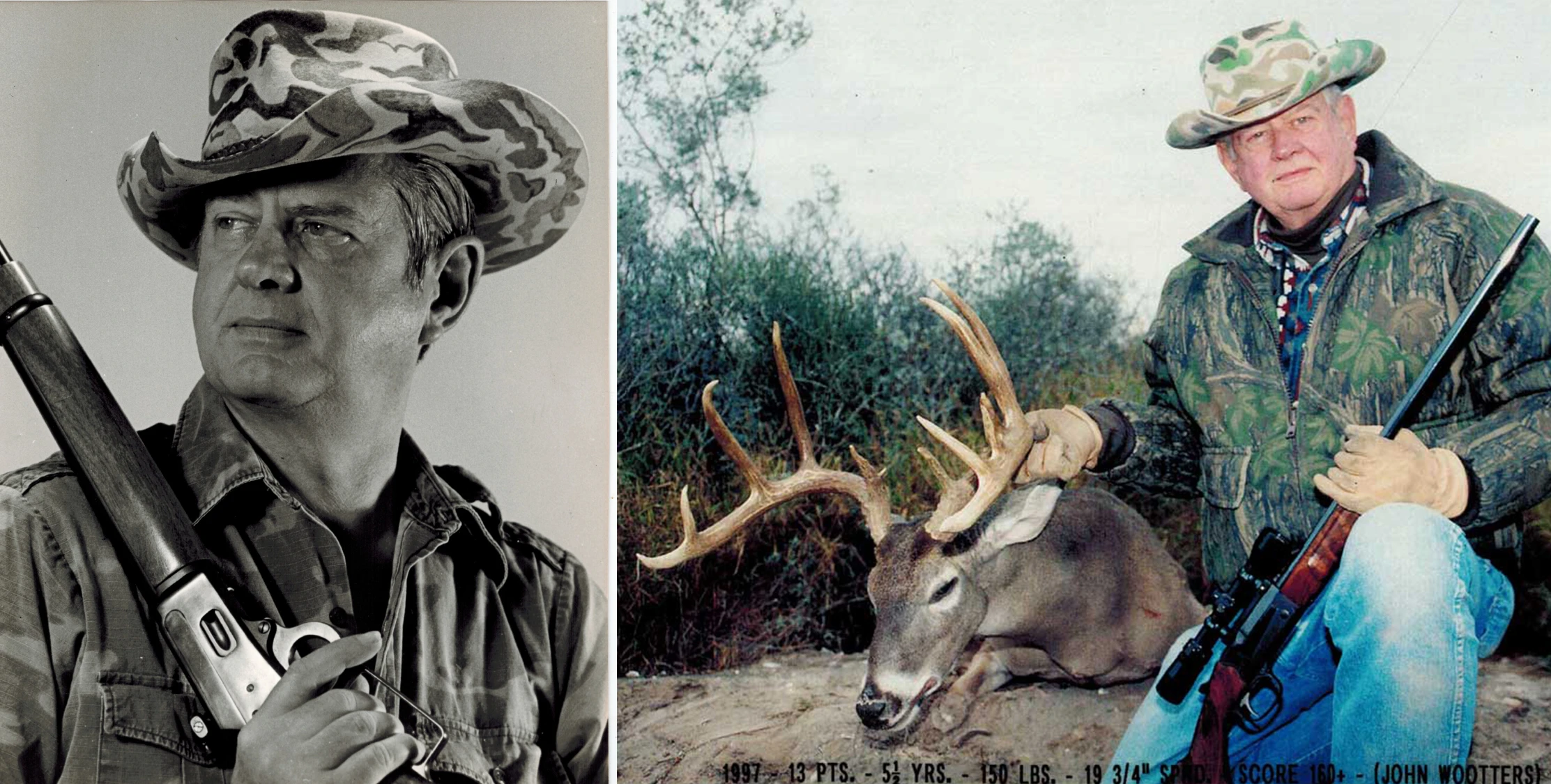 Split photo of well-known whitetail hunter John Wooters with lever gun on left and with 10-point buck on right. 