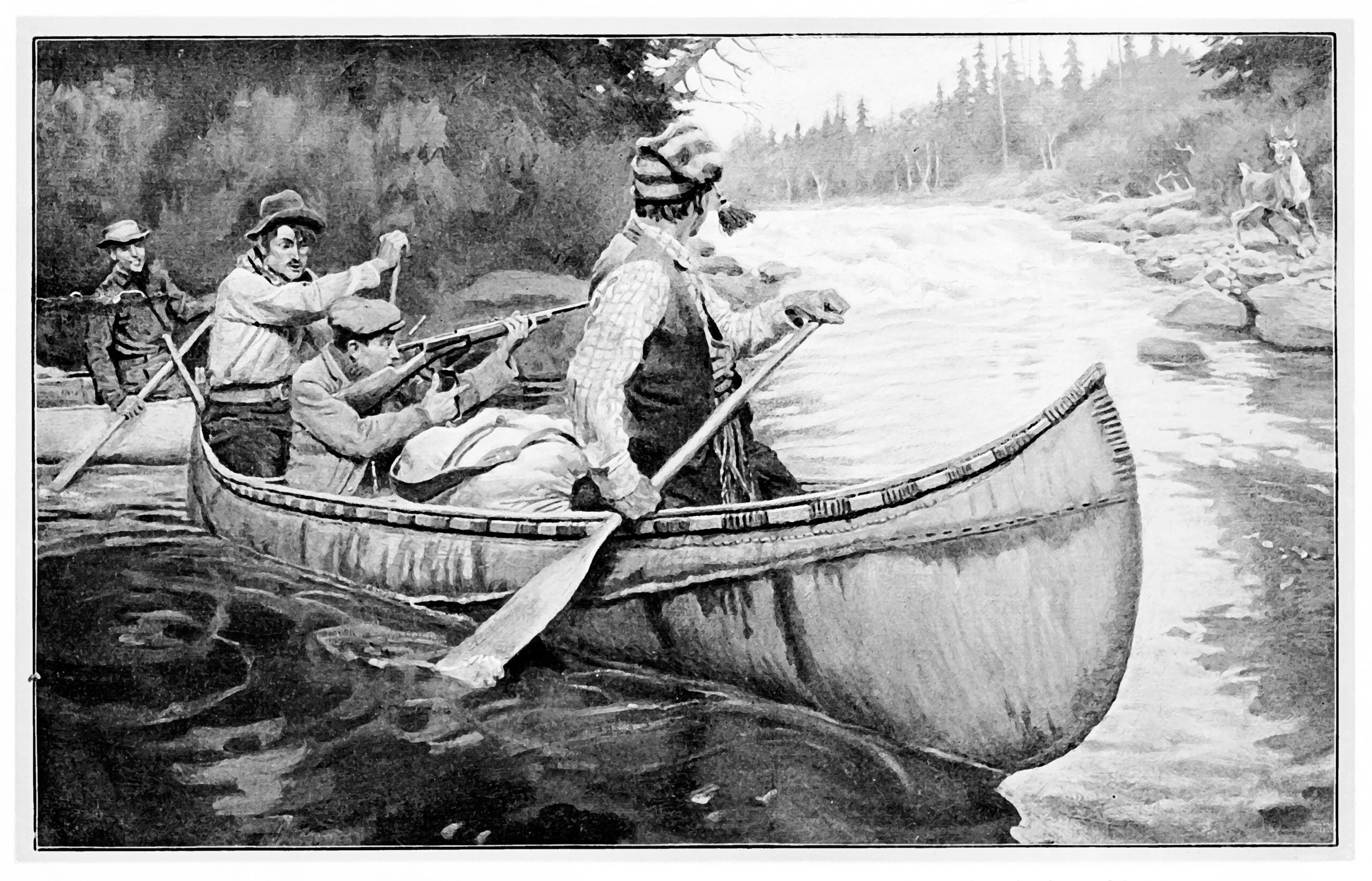 Vintage illustration of early fur trappers paddling a birch bark canoe