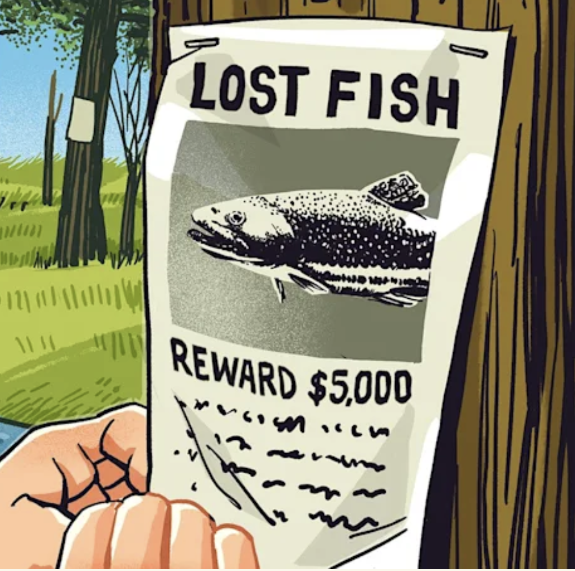 Illustration of a reward poster tacked to a tree for "lost fish."