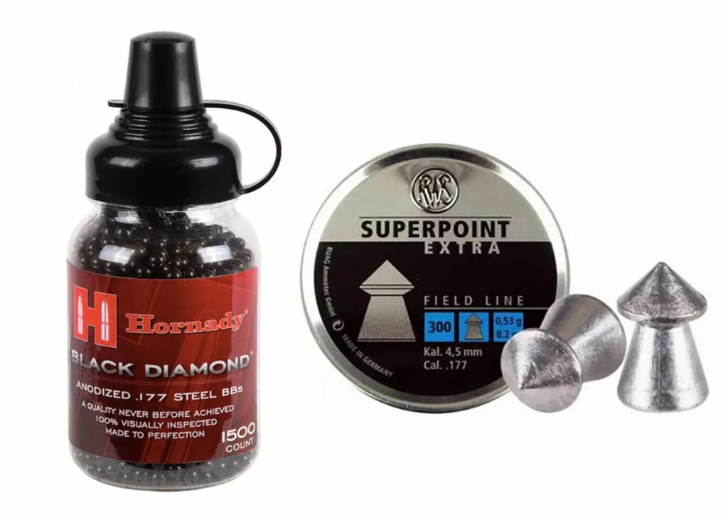 Hornady Black Diamond .177-caliber annodixed BBs and RWS Superpoint .177 Caliber pellets.