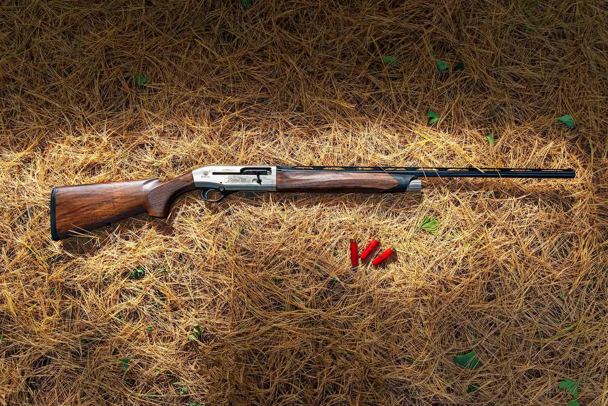 The new Beretta A400 28-gauge shotgun lying among pine needles whith shotgun shells.