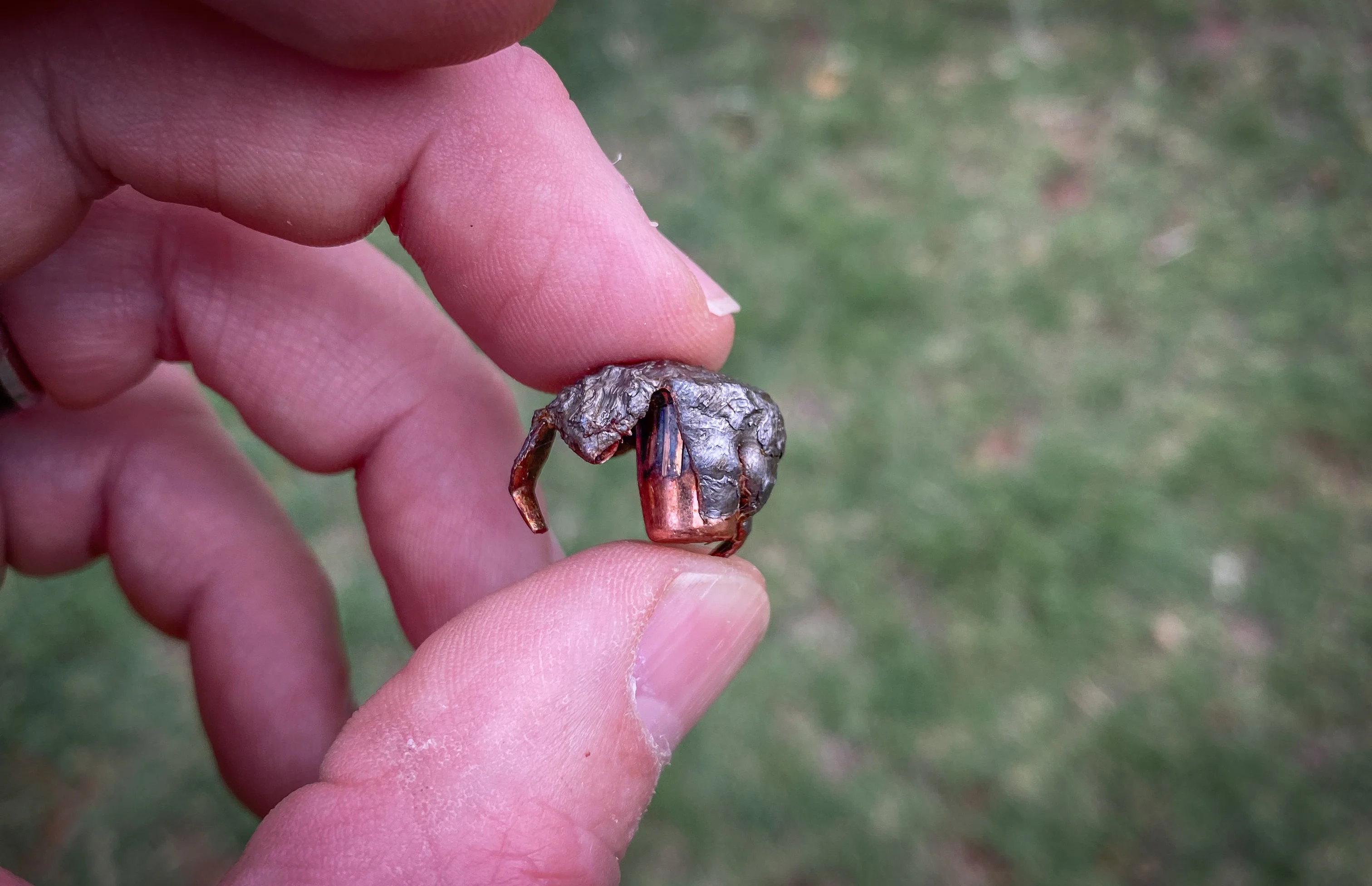 A person holds a fired 308 Winchester bullet in his hand. 