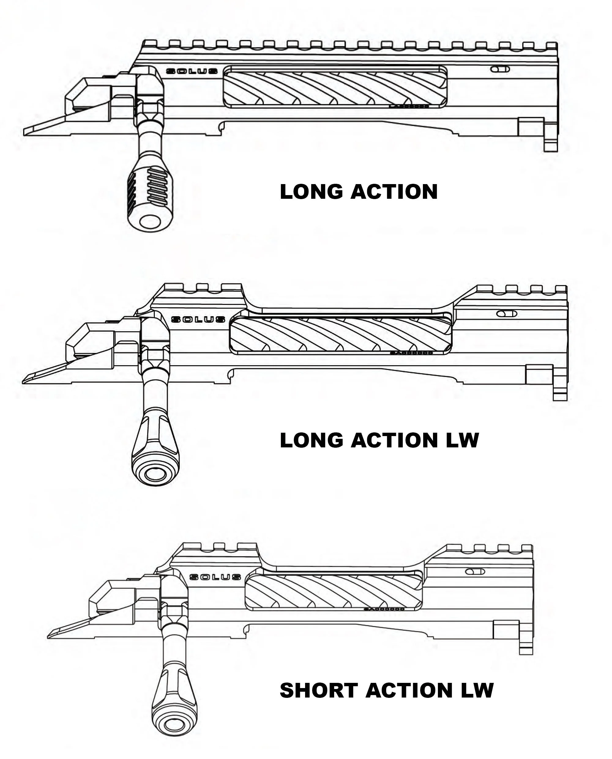 Drawlings of three new bolt action designs from SOLUS Rifles on white background