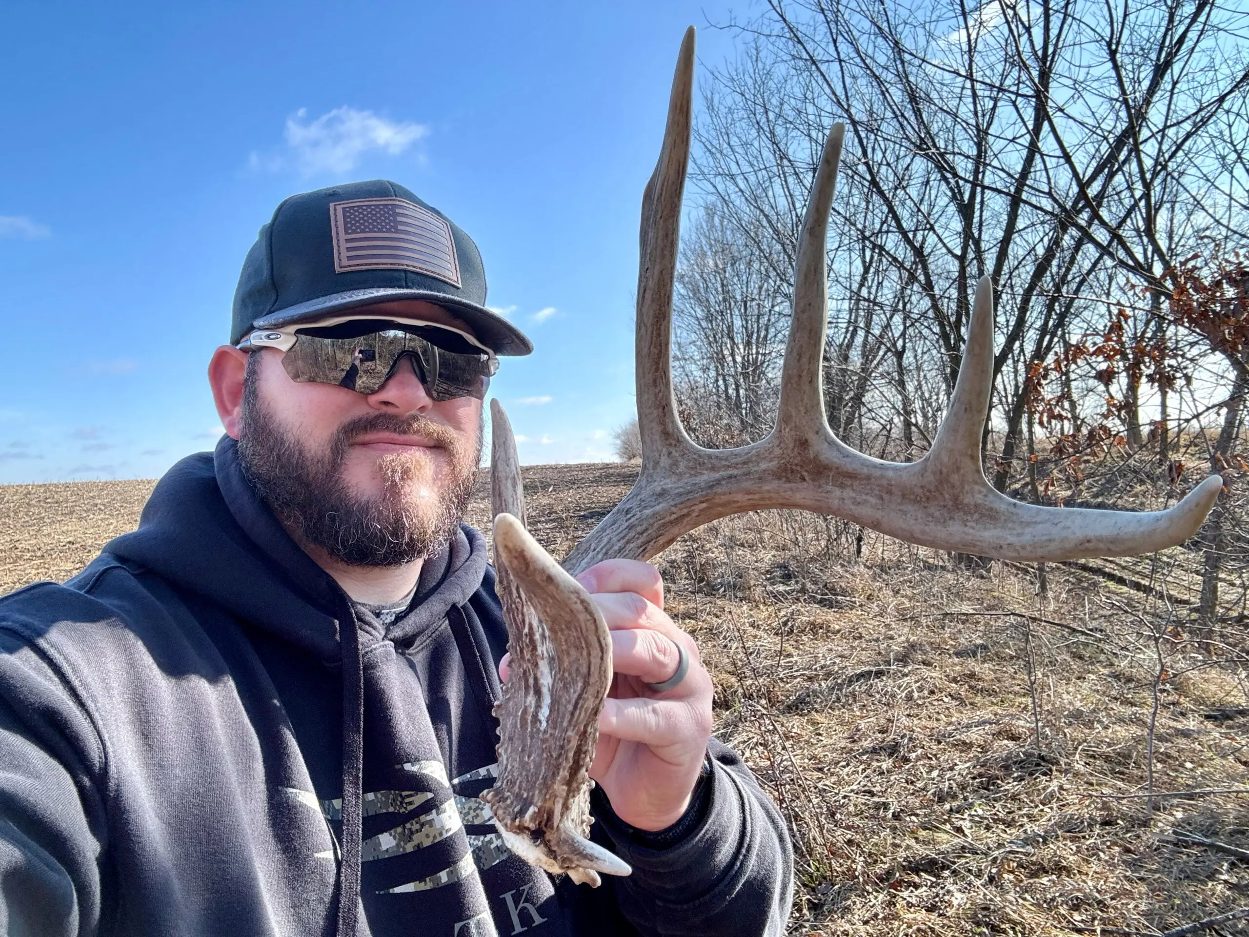 Iowa whitetail guide Matt Peterson shows off a big shed antler.