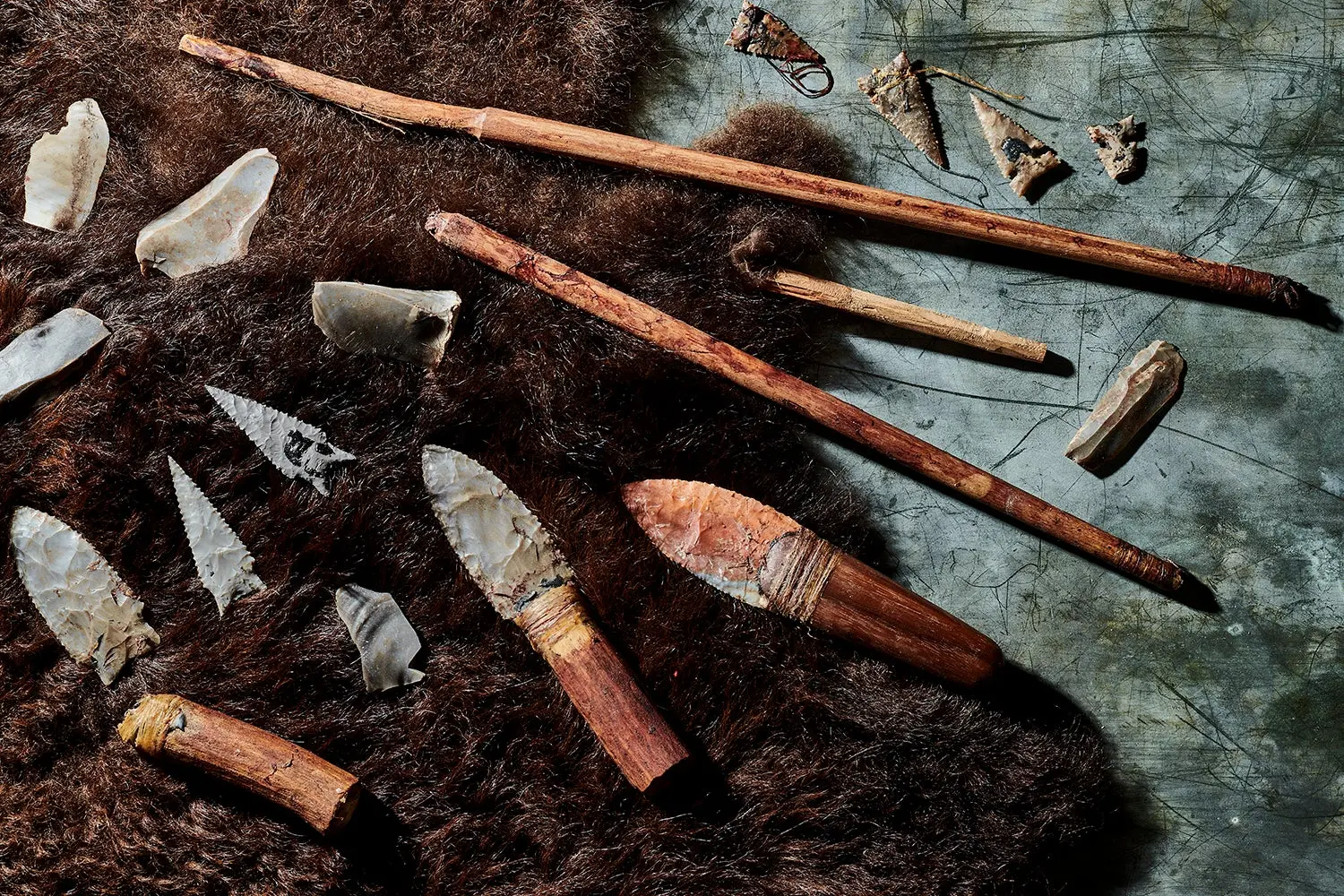 hand-knapped points on buffalo skin