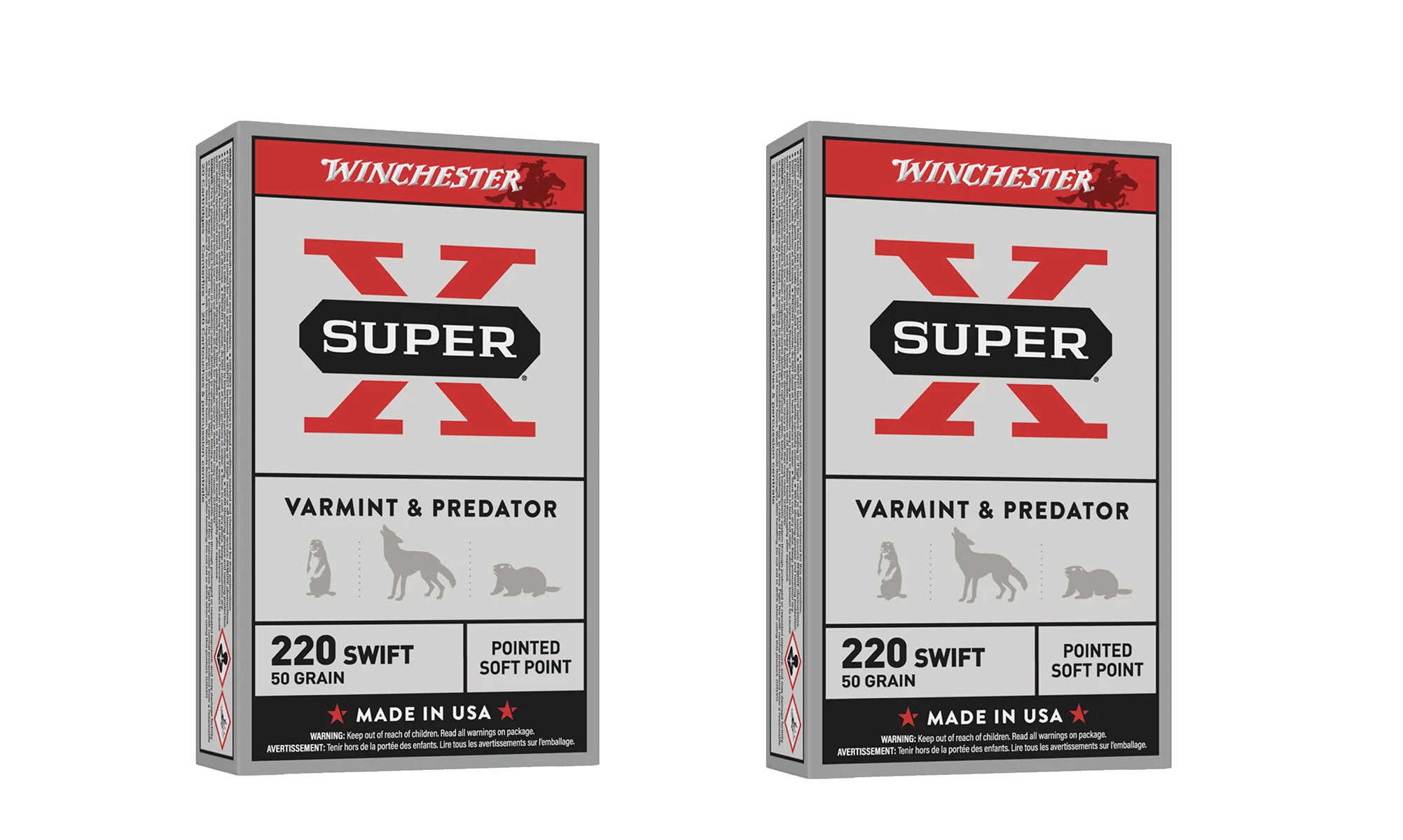 Winchester Super X 220 Swift varmint ammo on a white background. 