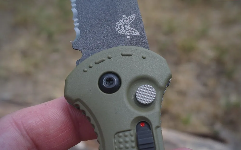 Close-up of Benchmade Claymore knife during testing