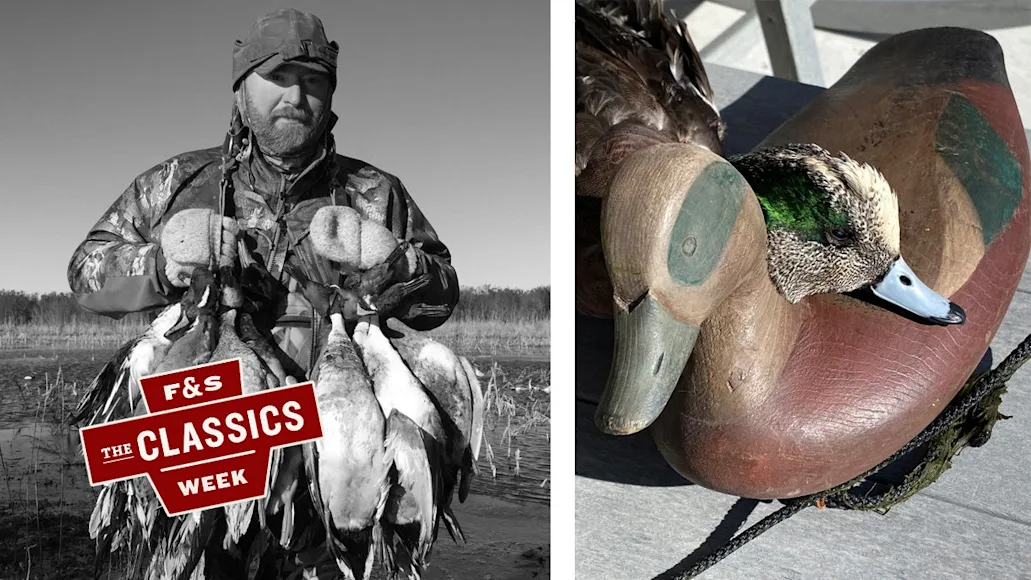 Decoy carver Jerry Talton standing with a strap of ducks next to one of his hand carved decoys.