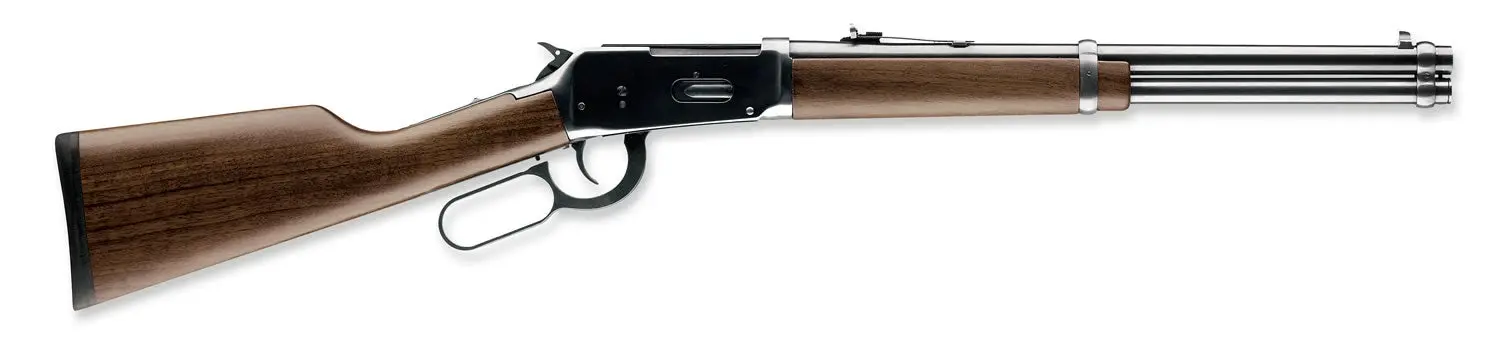 Winchester Model 94 Trapper lever-action rifle on a white background. 